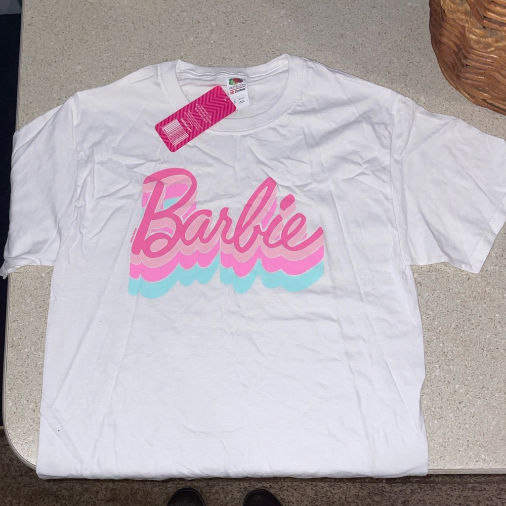 Barbie White Pink Logo T-Shirt Fruit of the Loom NEW NWT Graphic Tee